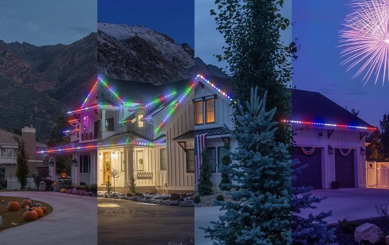 Year-round holiday lighting color themes shown across four seasons
